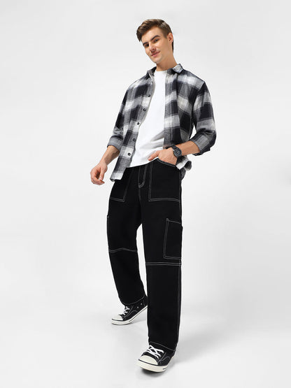 Men's Black Loose Baggy Fit Washed Cargo Jeans with 6 Pockets Non-Stretchable