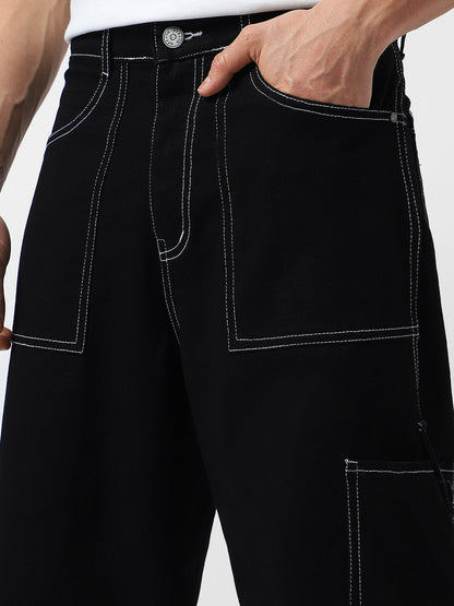 Men's Black Loose Baggy Fit Washed Cargo Jeans with 6 Pockets Non-Stretchable
