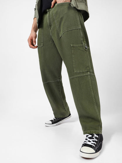 Men's Olive Green Loose Baggy Fit Washed Cargo Jeans with 6 Pockets Non-Stretchable