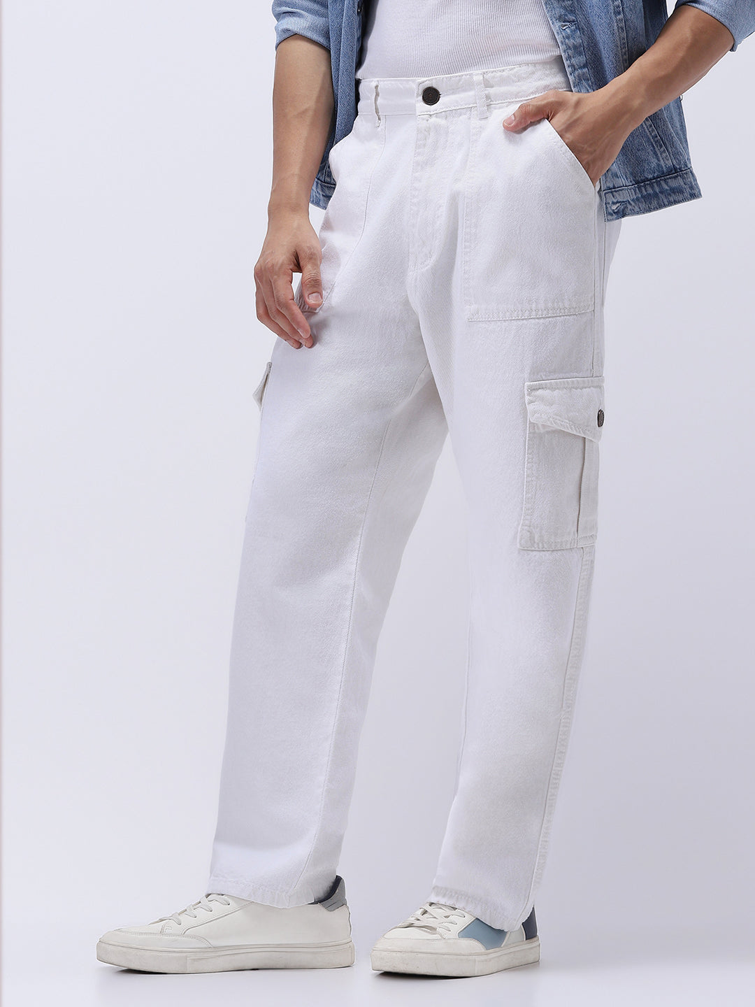 Men's White Loose Mid Rise Baggy Fit Cargo Jeans with 6 Pockets Non-Stretchable