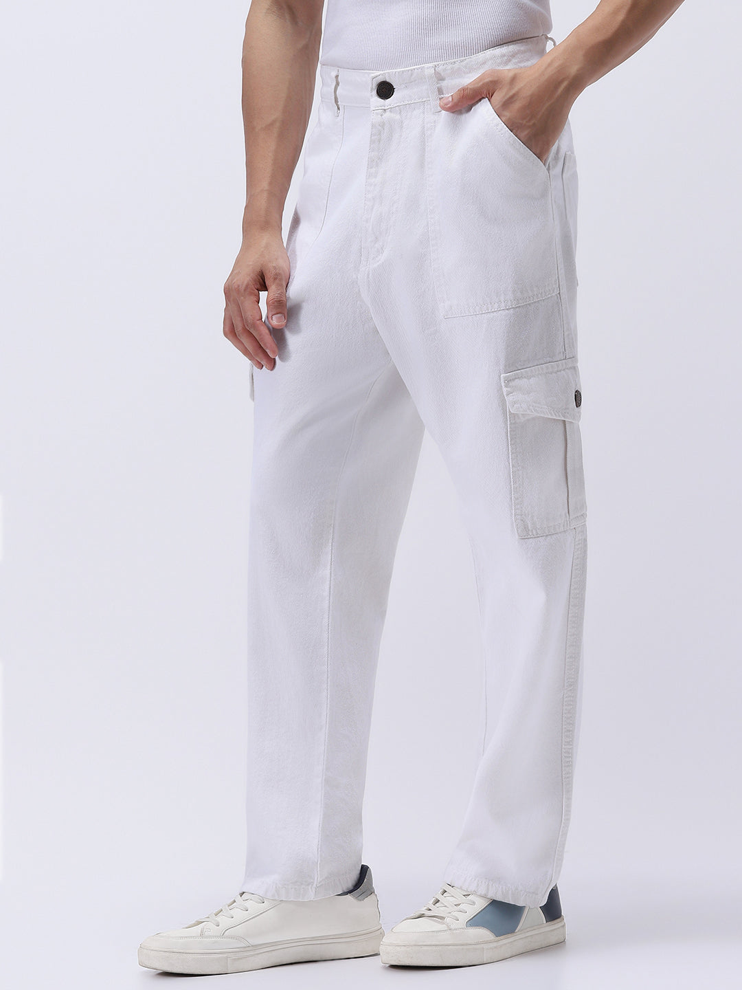 Men's White Loose Mid Rise Baggy Fit Cargo Jeans with 6 Pockets Non-Stretchable