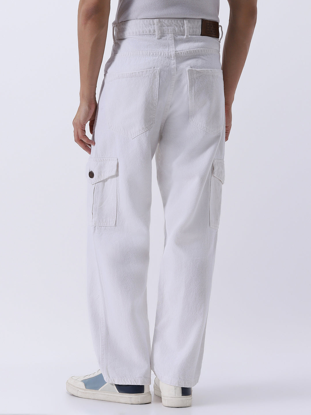Men's White Loose Mid Rise Baggy Fit Cargo Jeans with 6 Pockets Non-Stretchable