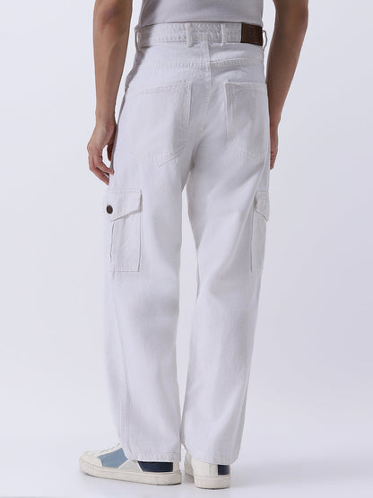 Men's White Loose Mid Rise Baggy Fit Cargo Jeans with 6 Pockets Non-Stretchable