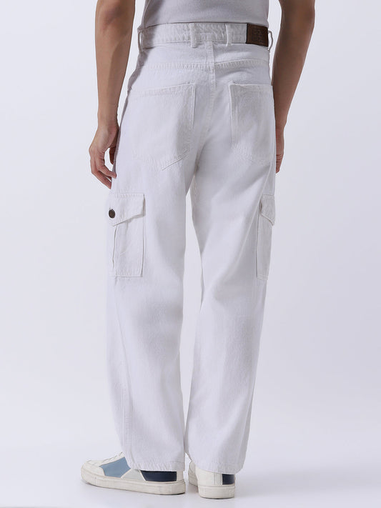 Men's White Loose Mid Rise Baggy Fit Cargo Jeans with 6 Pockets Non-Stretchable