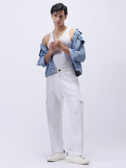 Men's White Loose Mid Rise Baggy Fit Cargo Jeans with 6 Pockets Non-Stretchable