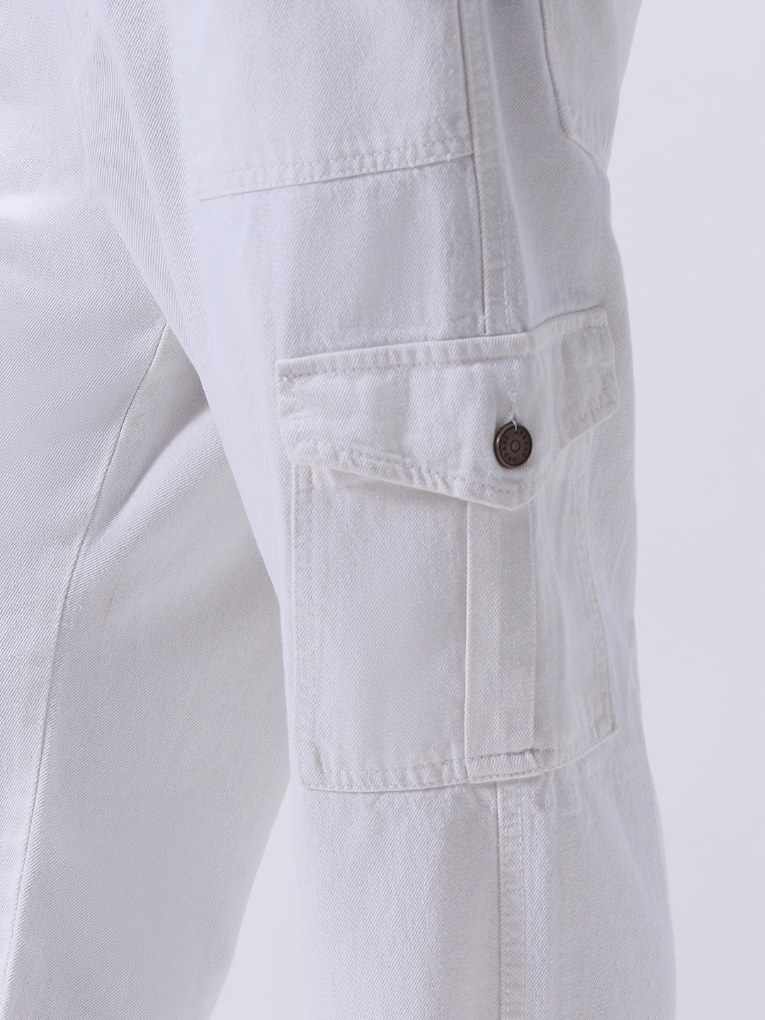 Men's White Loose Mid Rise Baggy Fit Cargo Jeans with 6 Pockets Non-Stretchable