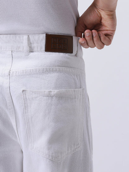 Men's White Loose Mid Rise Baggy Fit Cargo Jeans with 6 Pockets Non-Stretchable