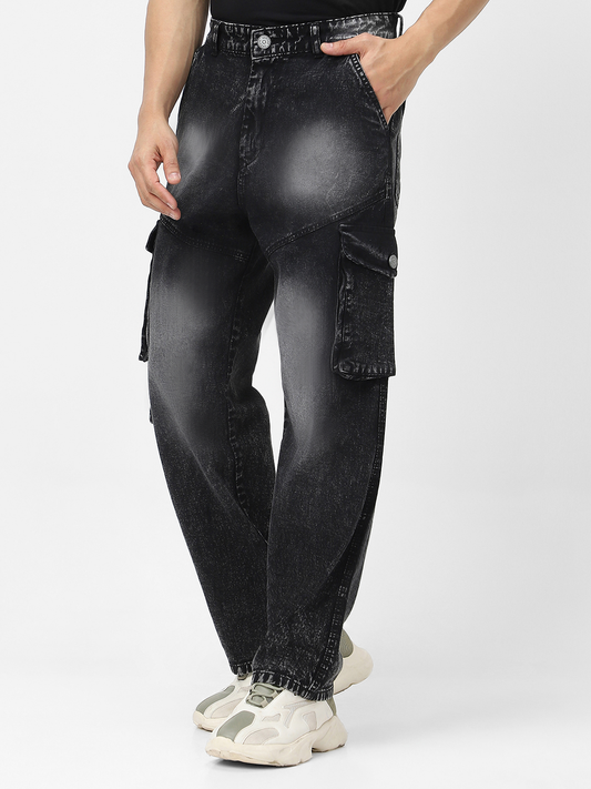 Men's Black Loose Baggy Fit Washed Cargo Jeans with 7 Pockets Non-Stretchable