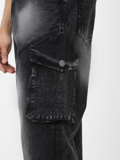 Men's Black Loose Baggy Fit Washed Cargo Jeans with 7 Pockets Non-Stretchable