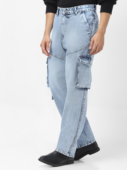 Men's Ice Blue Loose Baggy Fit Washed Cargo Jeans with 7 Pockets Non-Stretchable