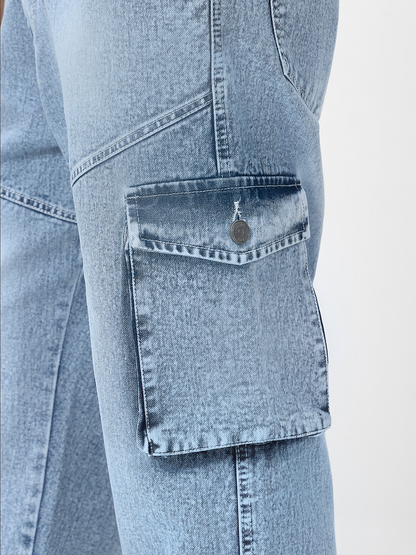 Men's Ice Blue Loose Baggy Fit Washed Cargo Jeans with 7 Pockets Non-Stretchable
