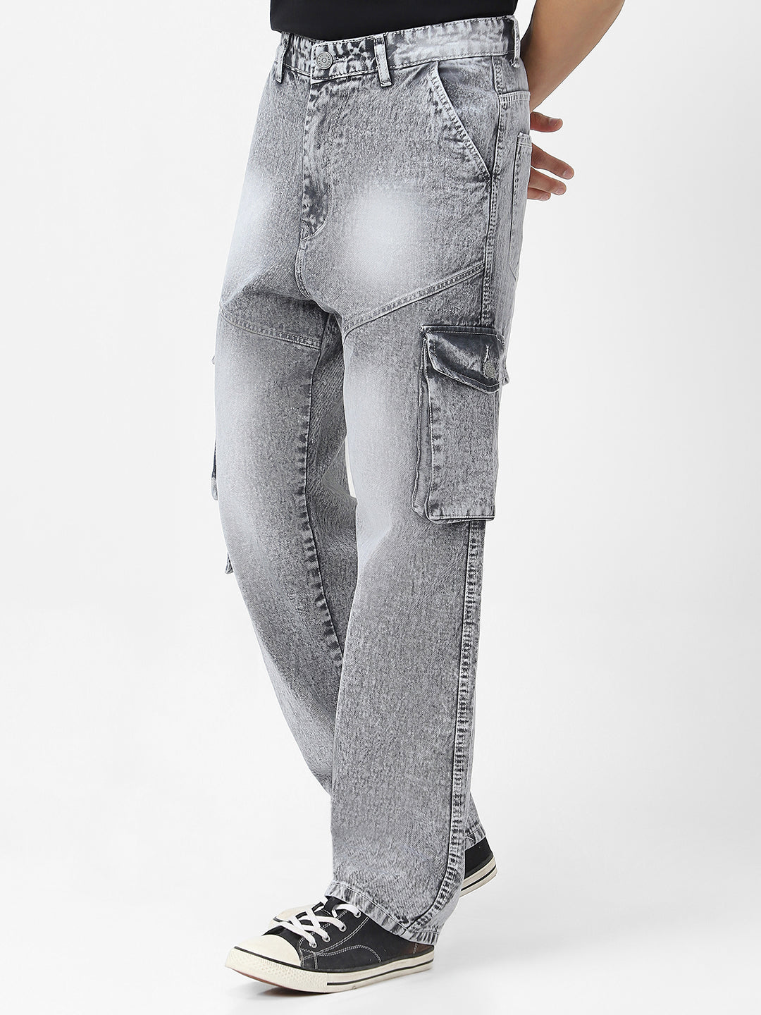 Men's Ice Grey Loose Baggy Fit Washed Cargo Jeans with 7 Pockets Non-Stretchable