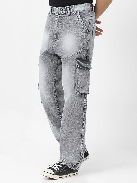 Men's Ice Grey Loose Baggy Fit Washed Cargo Jeans with 7 Pockets Non-Stretchable