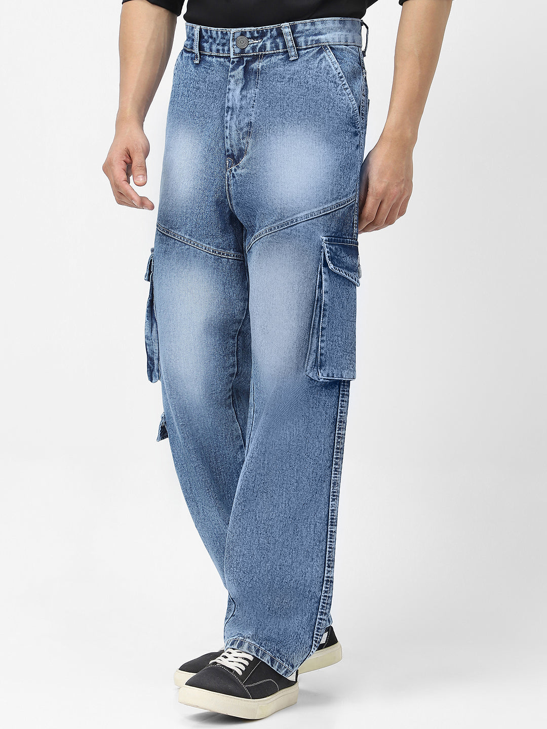 Men's Light Blue Loose Baggy Fit Washed Cargo Jeans with 7 Pockets Non-Stretchable
