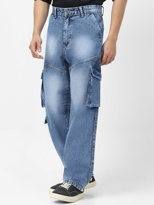 Men's Light Blue Loose Baggy Fit Washed Cargo Jeans with 7 Pockets Non-Stretchable