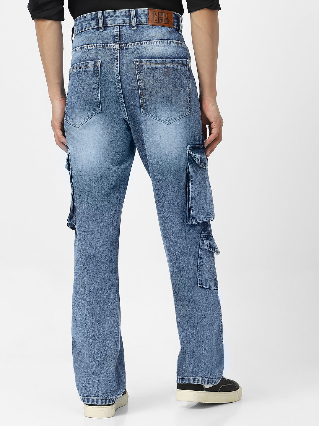 Men's Light Blue Loose Baggy Fit Washed Cargo Jeans with 7 Pockets Non-Stretchable