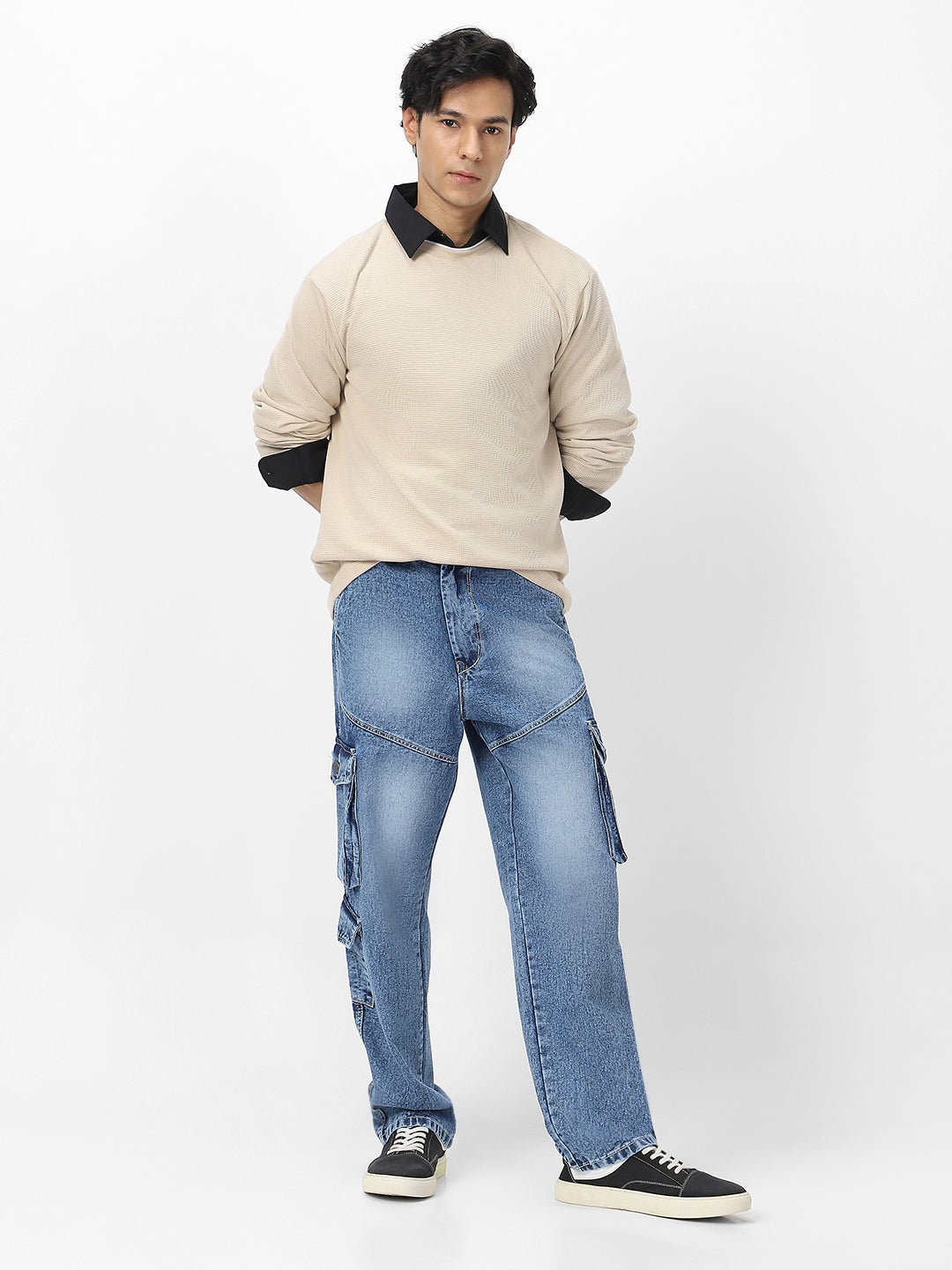 Men's Light Blue Loose Baggy Fit Washed Cargo Jeans with 7 Pockets Non-Stretchable