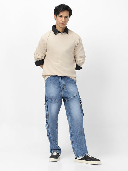 Men's Light Blue Loose Baggy Fit Washed Cargo Jeans with 7 Pockets Non-Stretchable