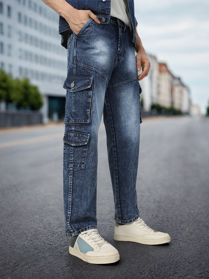 Men's Blue Loose Baggy Fit Washed Cargo Jeans with 7 Pockets Non-Stretchable