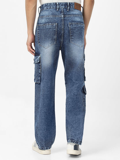Men's Blue Loose Baggy Fit Washed Cargo Jeans with 7 Pockets Non-Stretchable