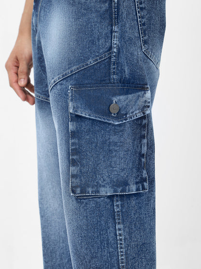 Men's Blue Loose Baggy Fit Washed Cargo Jeans with 7 Pockets Non-Stretchable