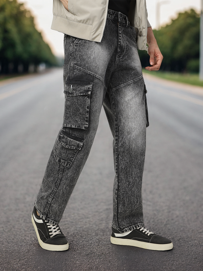 Men's Grey Loose Baggy Fit Washed Cargo Jeans with 7 Pockets Non-Stretchable