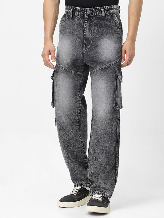 Men's Grey Loose Baggy Fit Washed Cargo Jeans with 7 Pockets Non-Stretchable