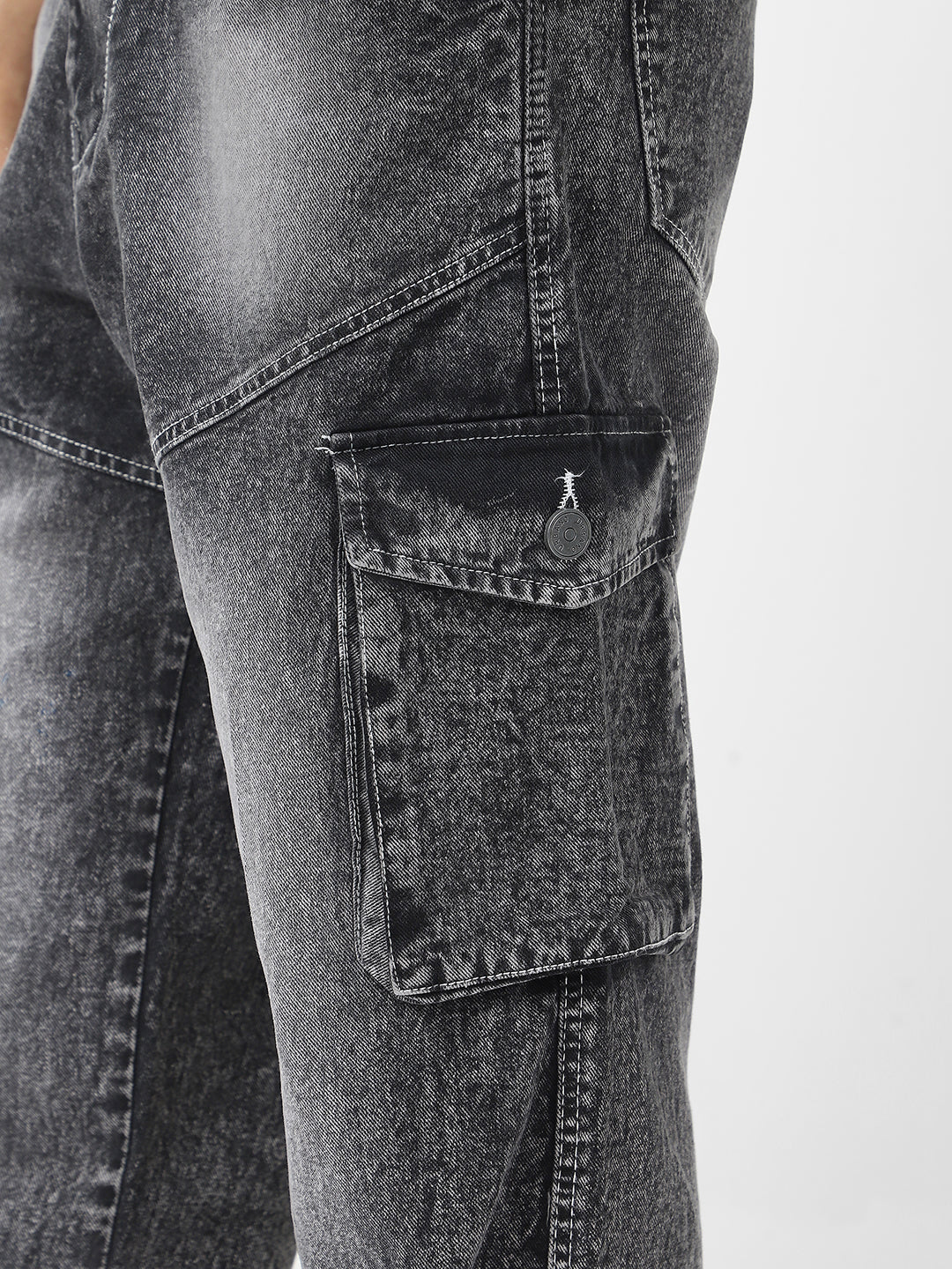 Men's Grey Loose Baggy Fit Washed Cargo Jeans with 7 Pockets Non-Stretchable