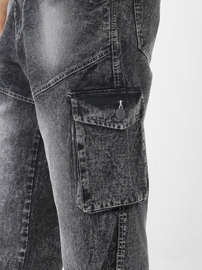 Men's Grey Loose Baggy Fit Washed Cargo Jeans with 7 Pockets Non-Stretchable