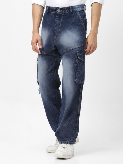 Men's Navy Loose Baggy Fit Washed Cargo Jeans with 7 Pockets Non-Stretchable