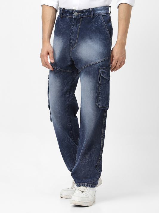 Men's Navy Loose Baggy Fit Washed Cargo Jeans with 7 Pockets Non-Stretchable