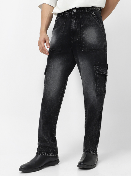 Men's Black Loose Baggy Fit Washed Cargo Jeans with 6 Pockets Non-Stretchable