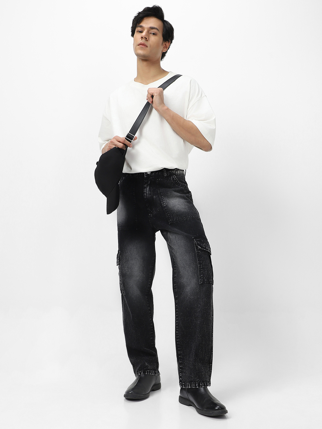Men's Black Loose Baggy Fit Washed Cargo Jeans with 6 Pockets Non-Stretchable