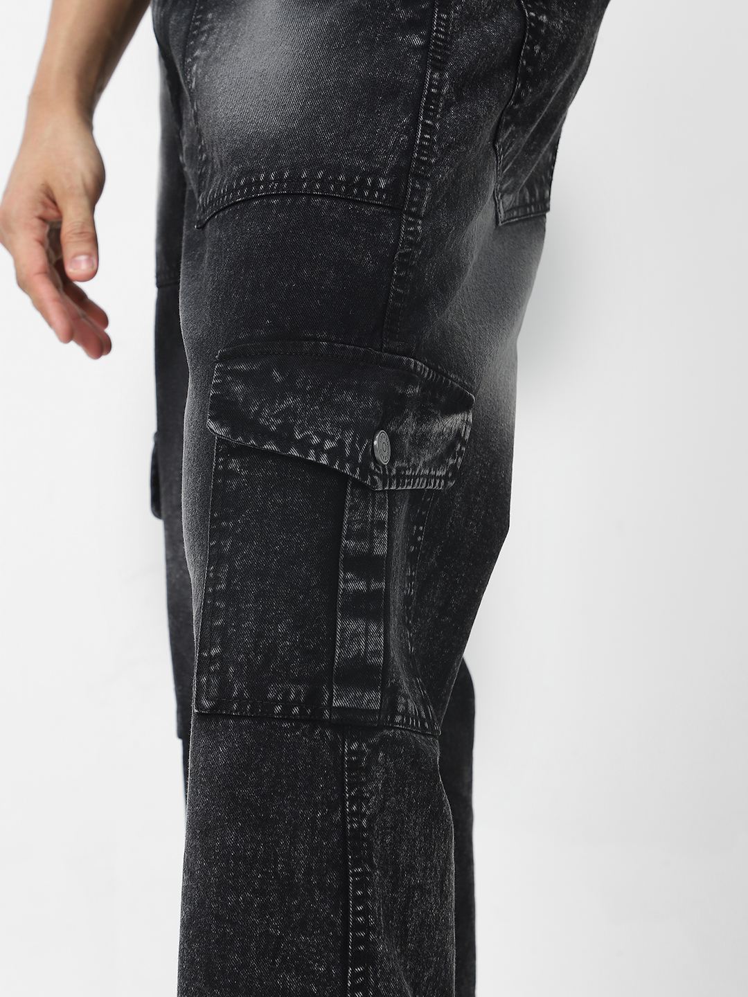 Men's Black Loose Baggy Fit Washed Cargo Jeans with 6 Pockets Non-Stretchable