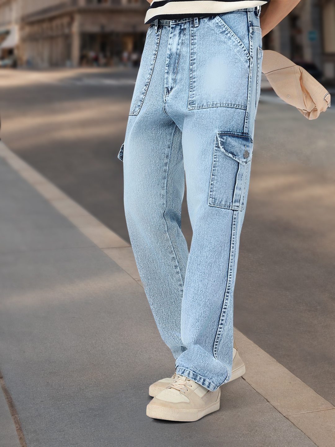 Men's Ice Blue Loose Baggy Fit Washed Cargo Jeans with 6 Pockets Non-Stretchable
