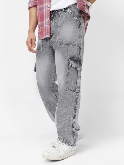 Men's Ice Grey Loose Baggy Fit Washed Cargo Jeans with 6 Pockets Non-Stretchable