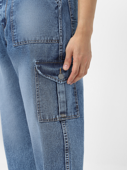 Men's Light Blue Loose Baggy Fit Washed Cargo Jeans with 6 Pockets Non-Stretchable