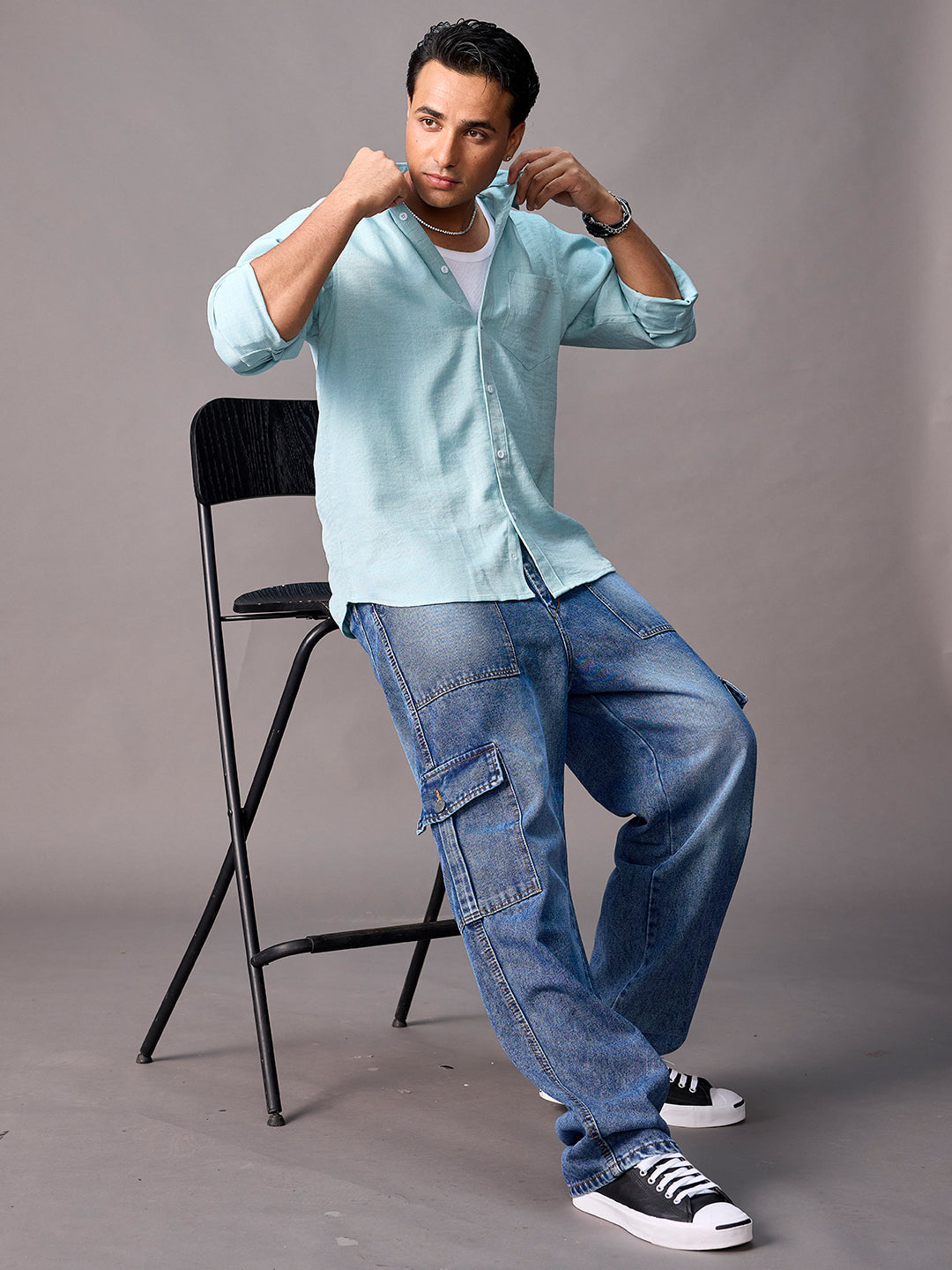 Men's Light Blue Loose Baggy Fit Washed Cargo Jeans with 6 Pockets Non-Stretchable