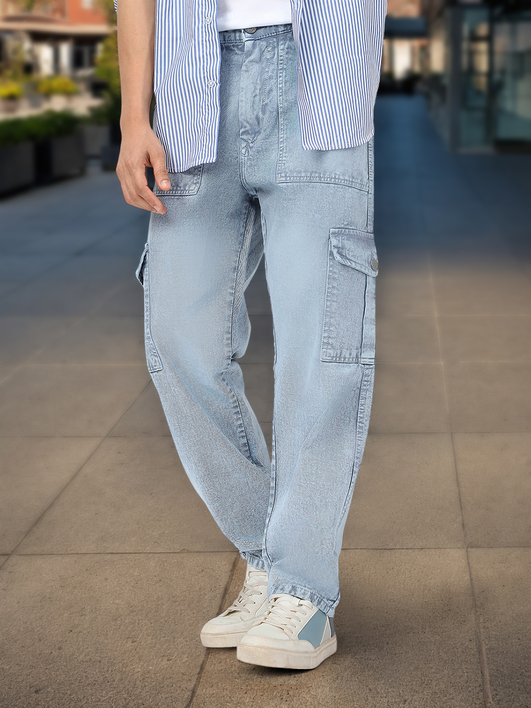 Men's Light Grey Loose Baggy Fit Washed Cargo Jeans with 6 Pockets Non-Stretchable