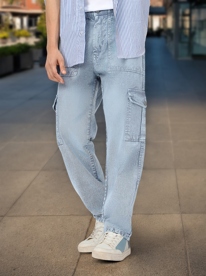 Men's Light Grey Loose Baggy Fit Washed Cargo Jeans with 6 Pockets Non-Stretchable