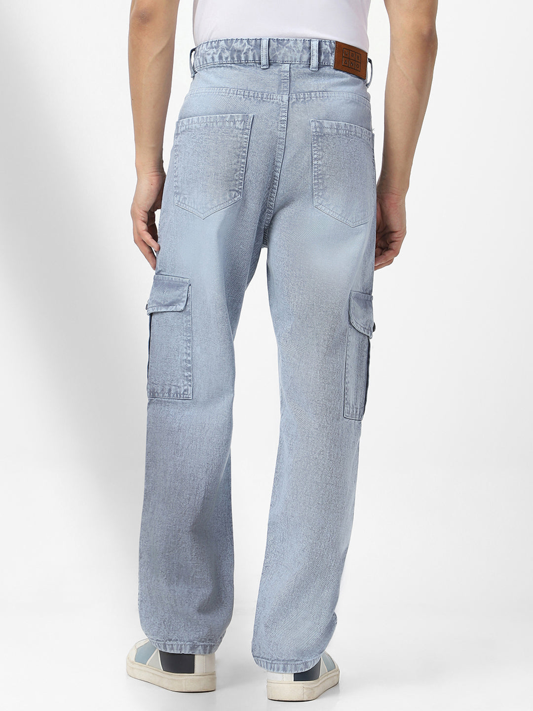 Men's Light Grey Loose Baggy Fit Washed Cargo Jeans with 6 Pockets Non-Stretchable