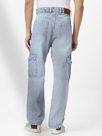 Men's Light Grey Loose Baggy Fit Washed Cargo Jeans with 6 Pockets Non-Stretchable