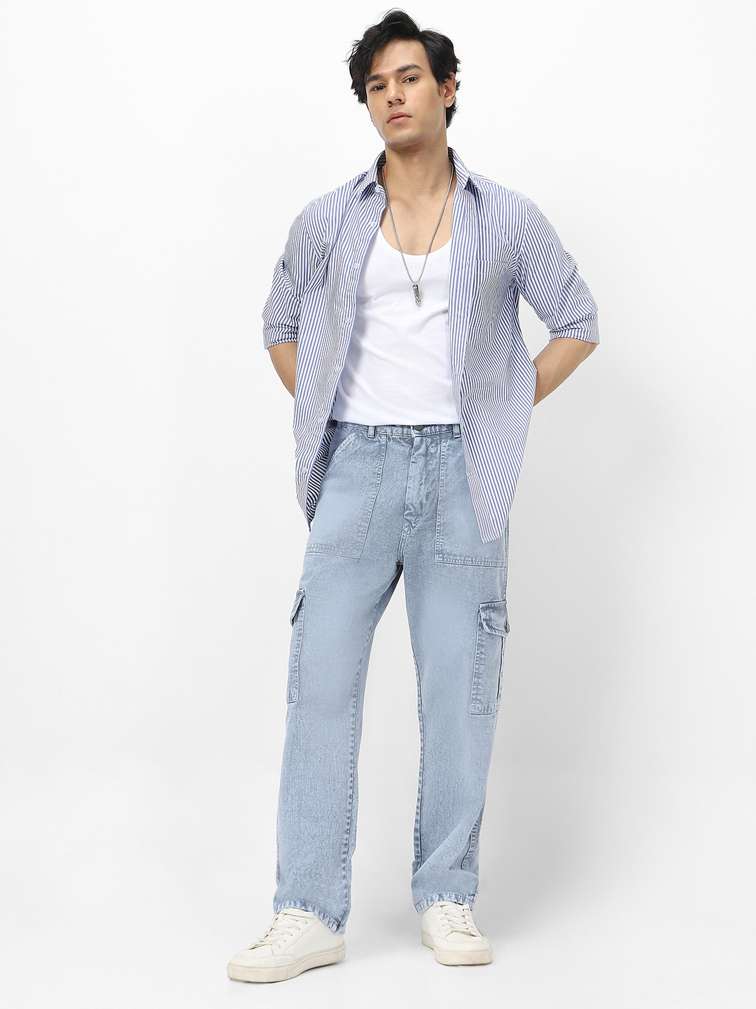 Men's Light Grey Loose Baggy Fit Washed Cargo Jeans with 6 Pockets Non-Stretchable