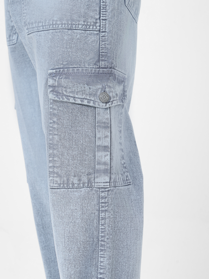 Men's Light Grey Loose Baggy Fit Washed Cargo Jeans with 6 Pockets Non-Stretchable