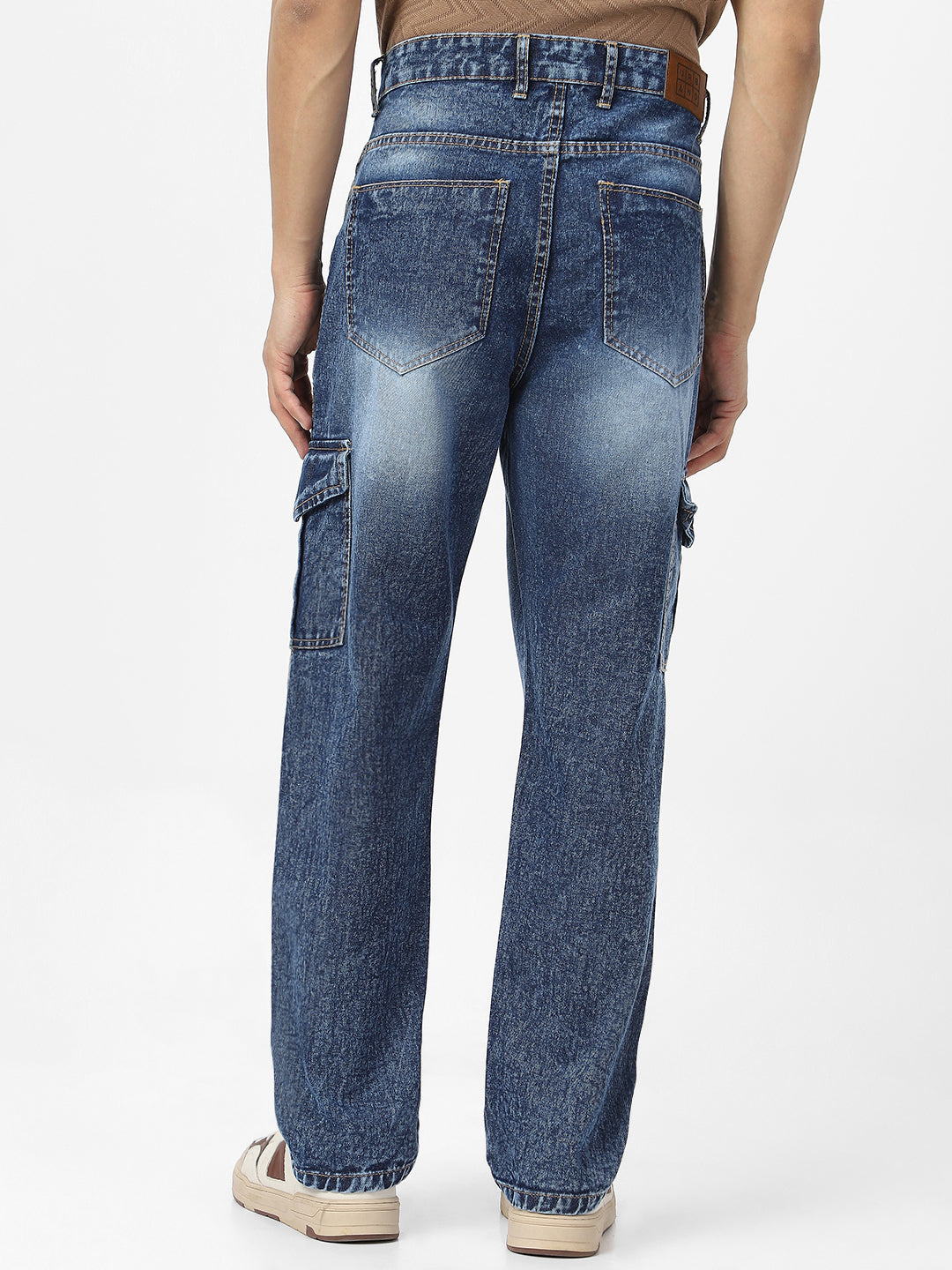 Men's Blue Loose Baggy Fit Washed Cargo Jeans with 6 Pockets Non-Stretchable