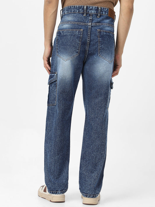 Men's Blue Loose Baggy Fit Washed Cargo Jeans with 6 Pockets Non-Stretchable