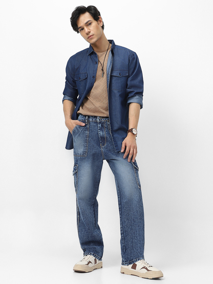 Men's Blue Loose Baggy Fit Washed Cargo Jeans with 6 Pockets Non-Stretchable