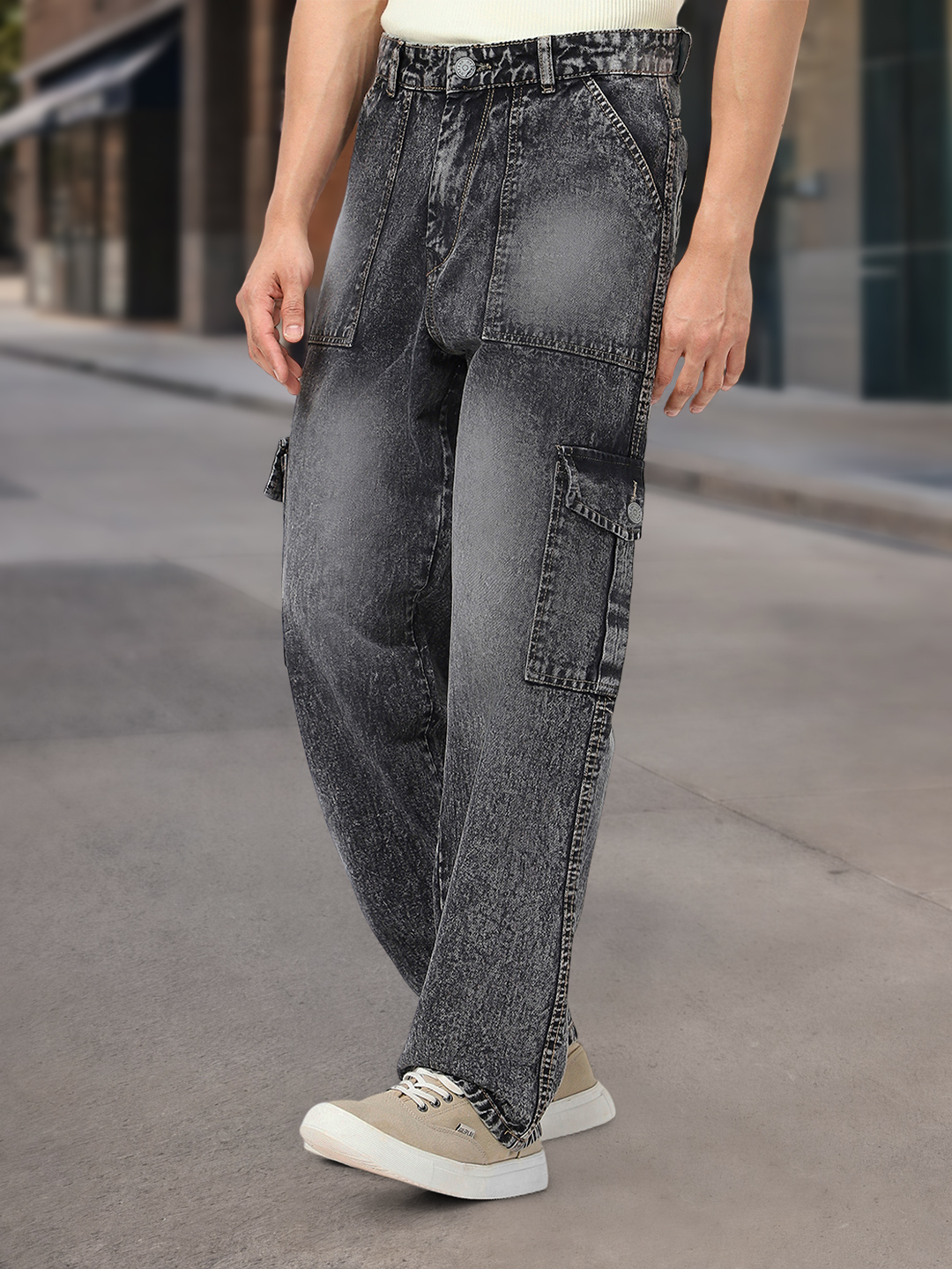 Men's Grey Loose Baggy Fit Washed Cargo Jeans with 6 Pockets Non-Stretchable