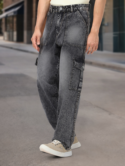 Men's Grey Loose Baggy Fit Washed Cargo Jeans with 6 Pockets Non-Stretchable
