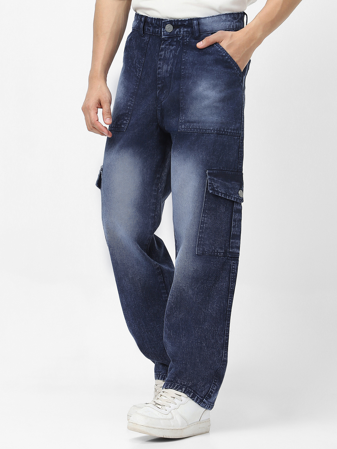 Men's Navy Loose Baggy Fit Washed Cargo Jeans with 6 Pockets Non-Stretchable